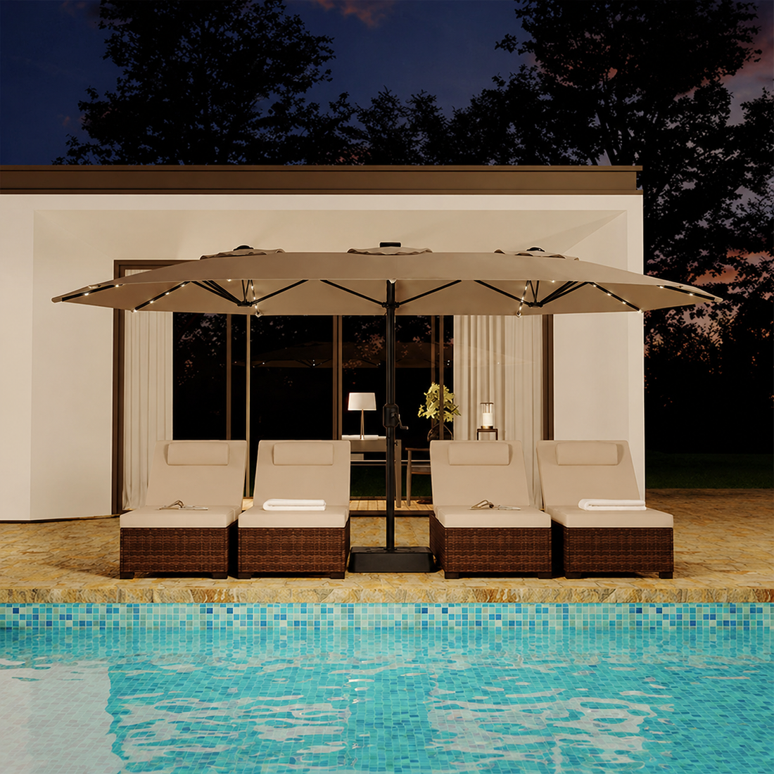 Garvee 15' Rectangular Patio Umbrella with Solar Lights, Double-Sided, Alloy Steel Pole, Waterproof Polyester, Poolside Garden
