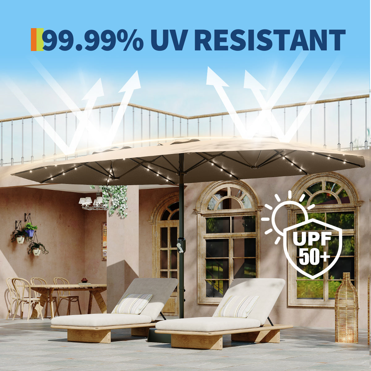 Garvee 15FT Rectangular Patio Umbrella with Solar Lights, Double-Sided, Alloy Steel Pole, Waterproof Polyester, Poolside Garden