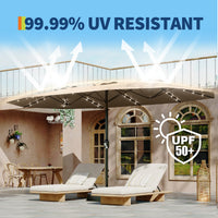Garvee 15FT Rectangular Patio Umbrella with Solar Lights, Double-Sided, Alloy Steel Pole, Waterproof Polyester, Poolside Garden