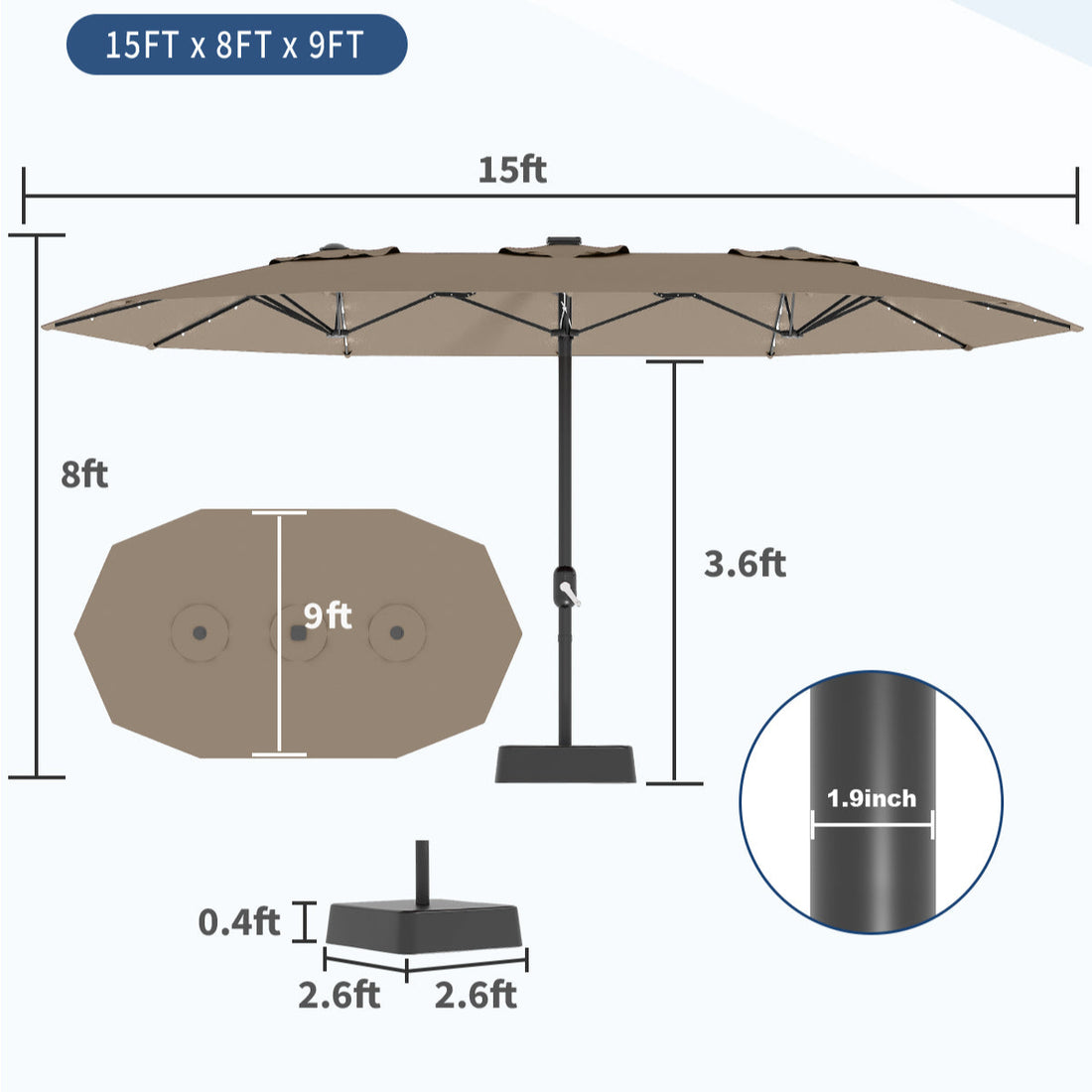 Garvee 15' Rectangular Patio Umbrella with Solar Lights, Double-Sided, Alloy Steel Pole, Waterproof Polyester, Poolside Garden