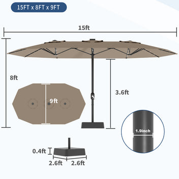 Garvee 15' Rectangular Patio Umbrella with Solar Lights, Double-Sided, Alloy Steel Pole, Waterproof Polyester, Poolside Garden