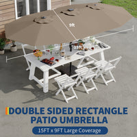 Garvee 15FT Rectangular Patio Umbrella with Solar Lights, Double-Sided, Alloy Steel Pole, Waterproof Polyester, Poolside Garden