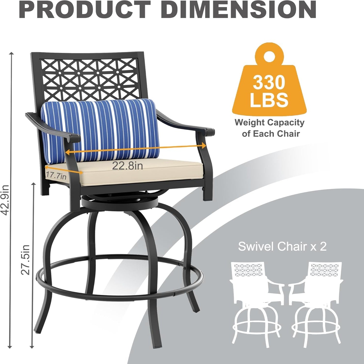Garvee Outdoor High Swivel Bar Stools, Bar Height Patio Chairs with Cushions, Tall Counter Height Swivel Chairs for Outdoor Use