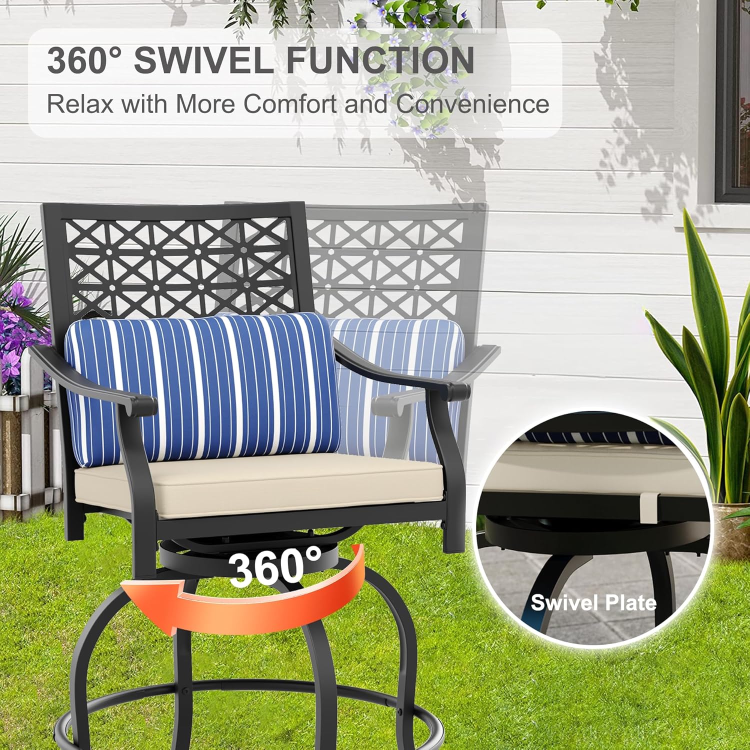 Garvee Outdoor High Swivel Bar Stools, Bar Height Patio Chairs with Cushions, Tall Counter Height Swivel Chairs for Outdoor Use
