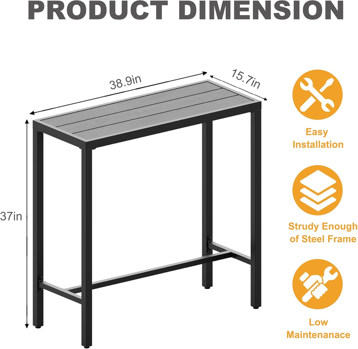 Garvee 39" Outdoor Bar Height Table, Waterproof Patio Table with Powder-Coated Metal Frame, Weatherproof, Sturdy 250 lbs Capacity, Adjustable Feet