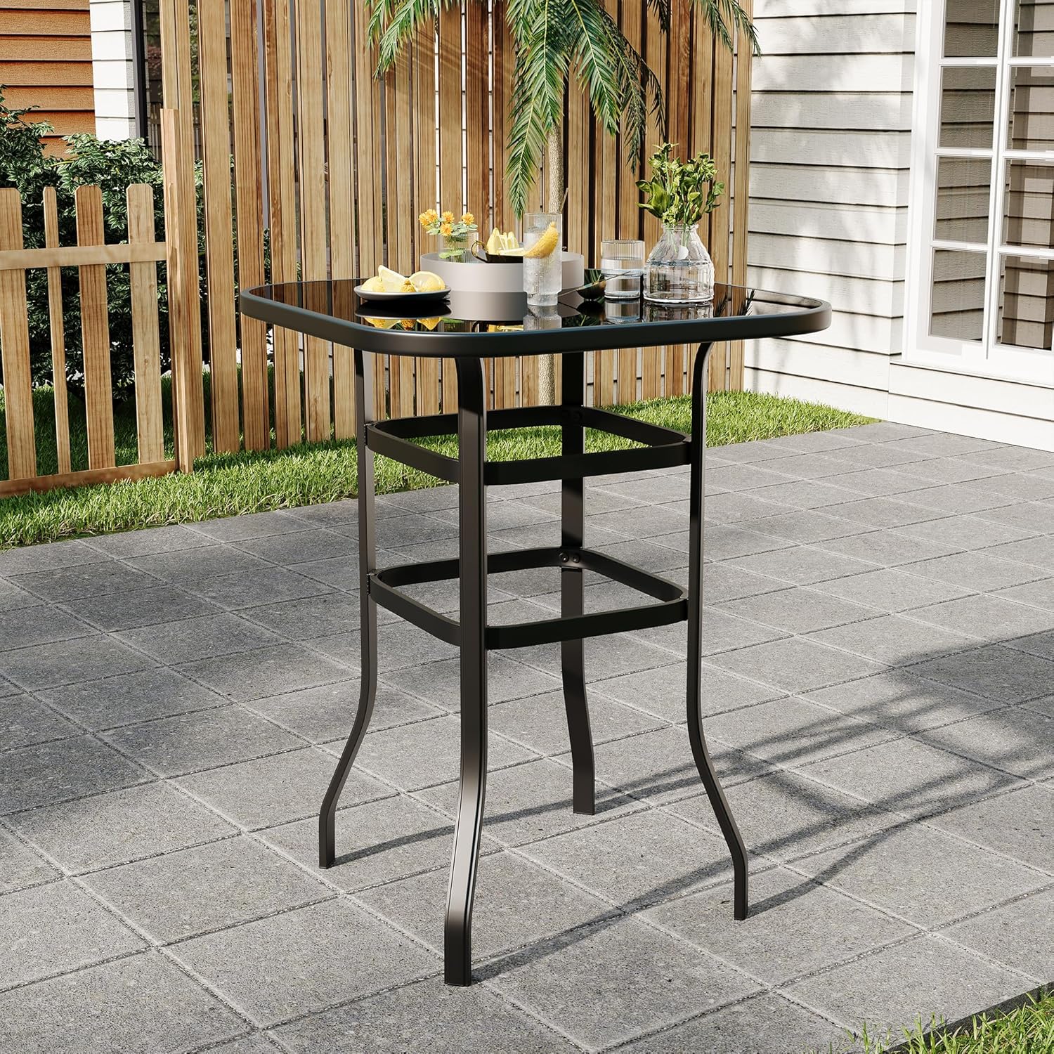 Garvee 31.5"x31.5"x40.6"  Bistro Square Table, Metal Frame Patio Bar Table Tempered Glass, Outdoor Bar Tables