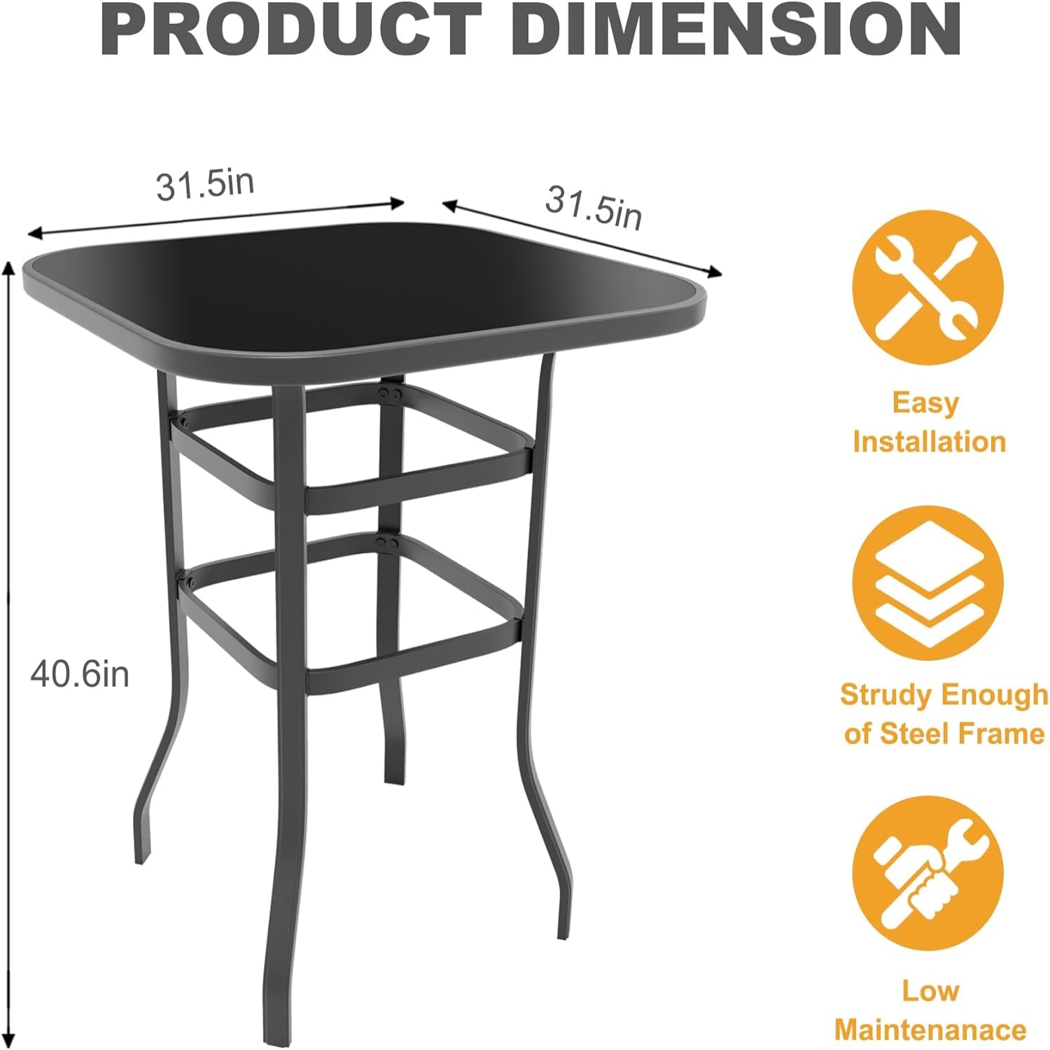 Garvee 31.5"x31.5"x40.6"  Bistro Square Table, Metal Frame Patio Bar Table Tempered Glass, Outdoor Bar Tables