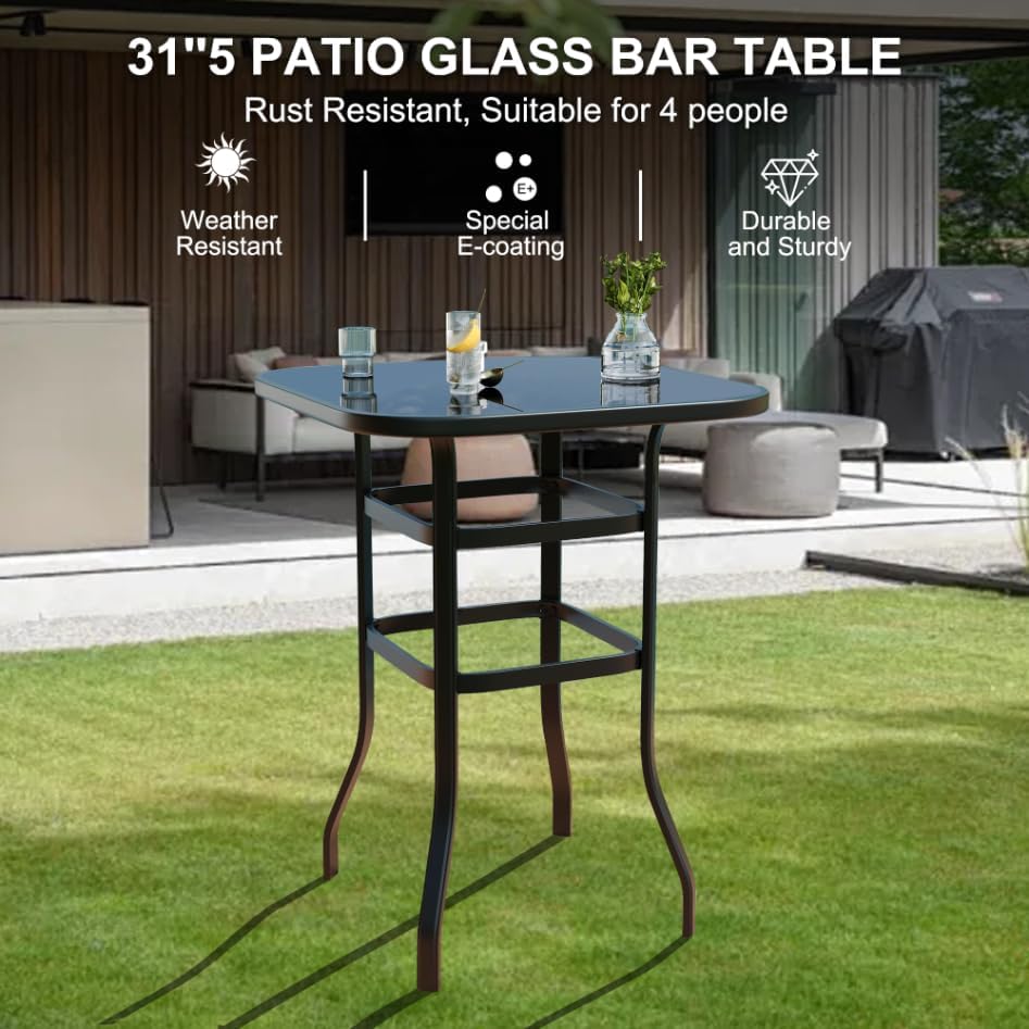 Garvee 31.5"x31.5"x40.6"  Bistro Square Table, Metal Frame Patio Bar Table Tempered Glass, Outdoor Bar Tables