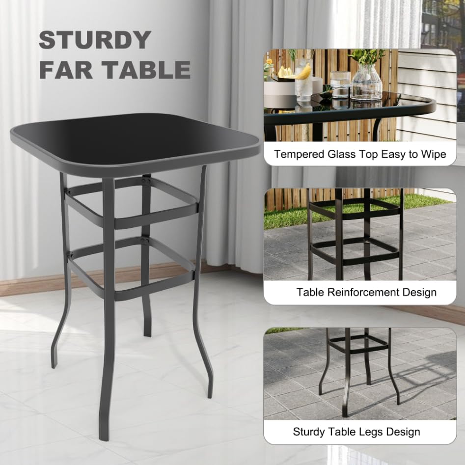 Garvee 31.5"x31.5"x40.6"  Bistro Square Table, Metal Frame Patio Bar Table Tempered Glass, Outdoor Bar Tables