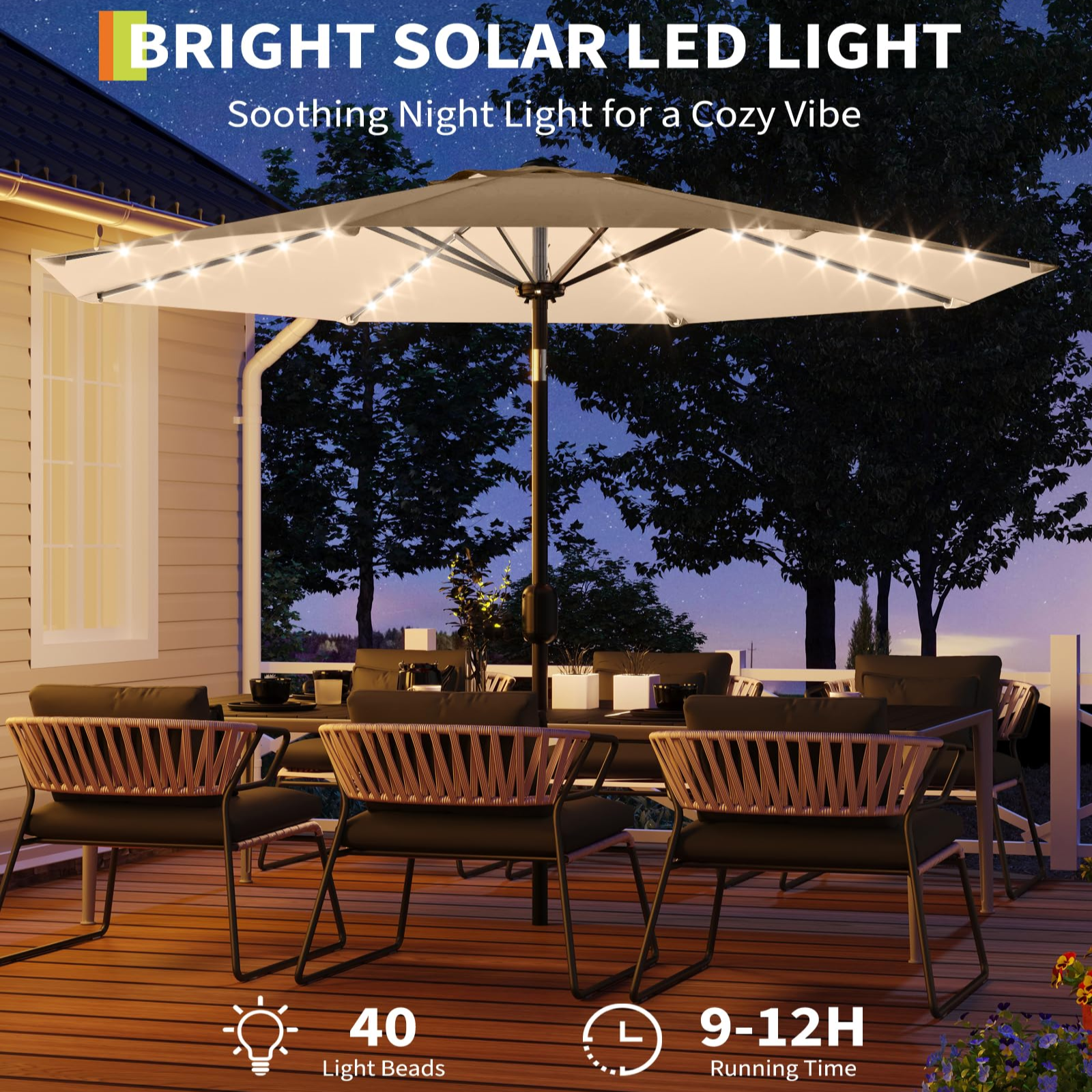Garvee 9FT Solar LED Patio Umbrella with 32 Lights, Tilt & Crank Outdoor Market Umbrella, UV & Water Resistant, 8 Ribs Sunshade for Garden, Deck, Pool