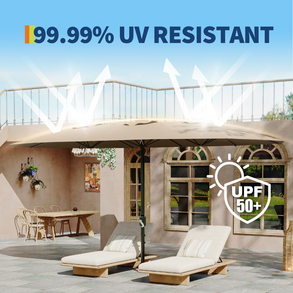 Garvee 13FT Double-Sided Outdoor Patio Umbrella - Fade Resistant Canopy, Rectangular, Tan - Large Shade for Deck & Garden