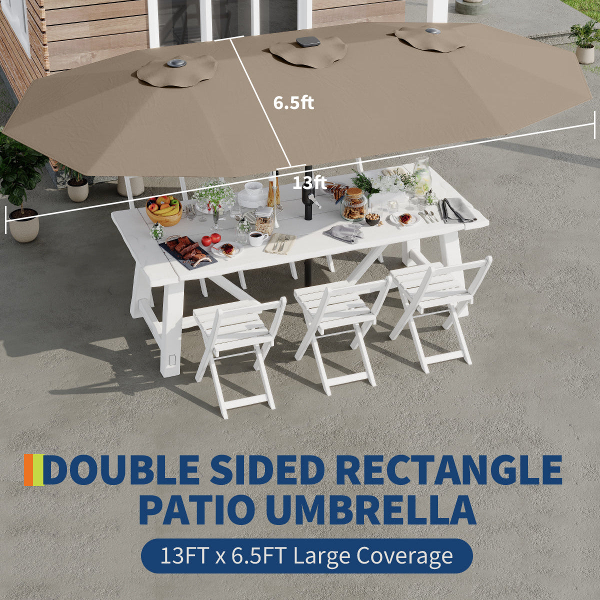Garvee 13FT Double-Sided Outdoor Patio Umbrella - Fade Resistant Canopy, Rectangular, Tan - Large Shade for Deck & Garden