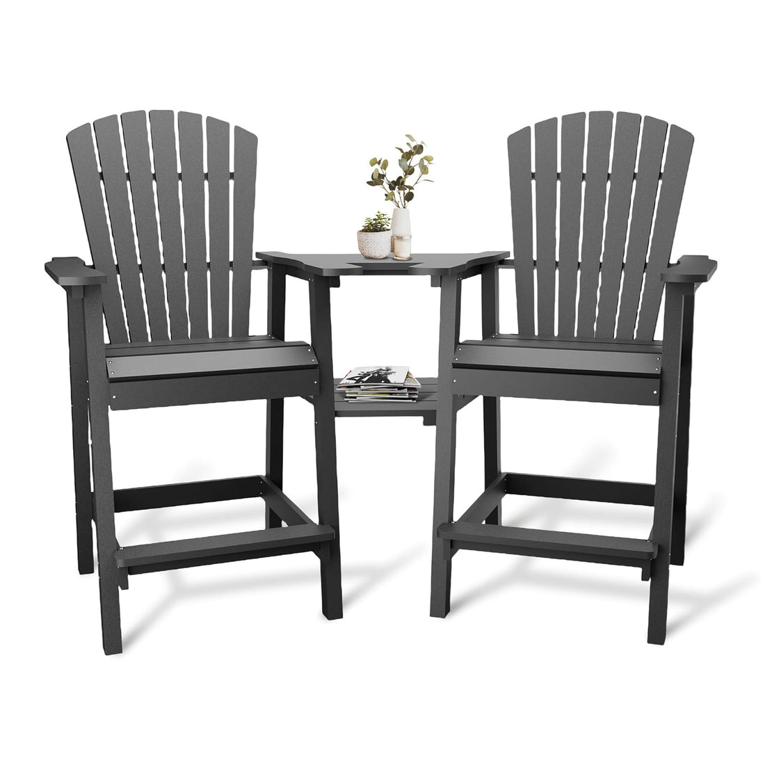 Garvee Recycled Plastic Adirondack Bar Height Stools with Connecting Drink Tray for Patio, Poolside, Garden, Grey