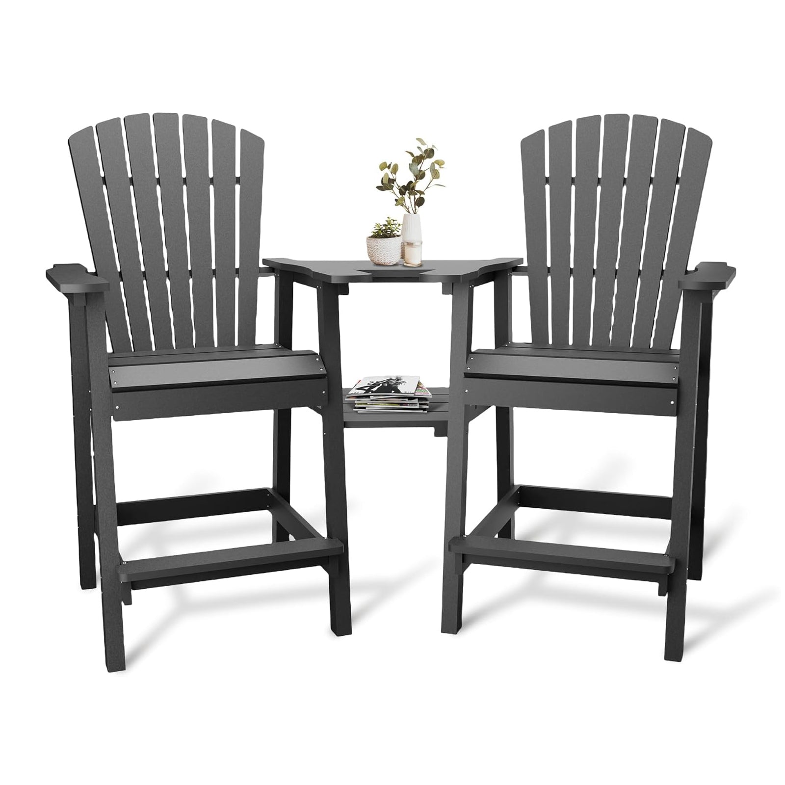 Garvee Recycled Plastic Adirondack Bar Height Stools with Connecting Drink Tray for Patio, Poolside, Garden, Grey