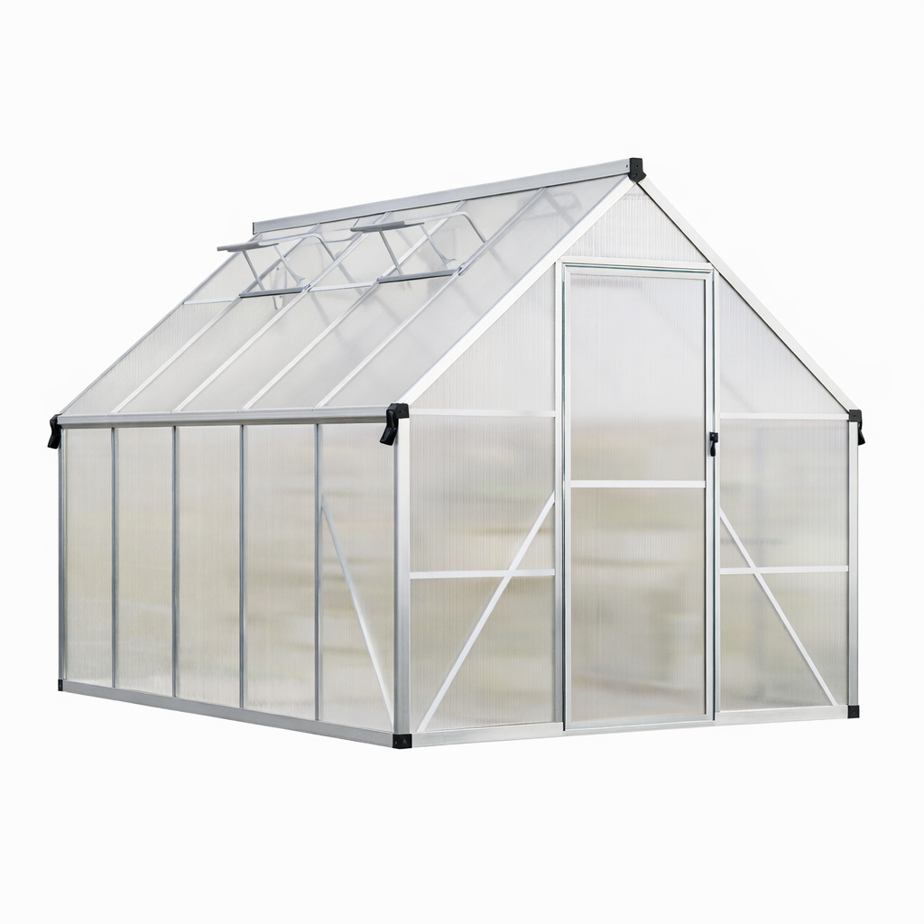 Garvee 8x10FT Heavy Duty Polycarbonate Greenhouse Large Walk-In Aluminum Frame with Double Swing Doors, Quick Setup, Roof Vent, Rain Gutter, High Wind Resistant, Silver