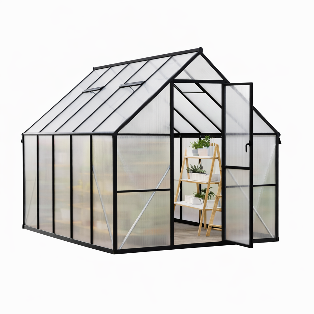 Garvee Heavy Duty Polycarbonate Greenhouse 8x10FT – Outdoor Walk-In Aluminum Frame, Double Swing Doors, Roof Vent, UV Protection, High Wind Resistant, Quick Setup, Garden, Black