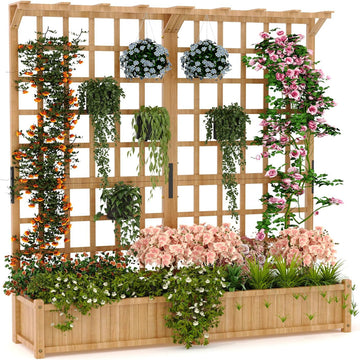 Garvee Two-Tier Wooden Planter Box with Trellis for Outdoor Gardens, Elevated Raised Bed for Flowers and Vegetables, 1.4Ft Deep Planter with Hanging Roof & Drainage Holes