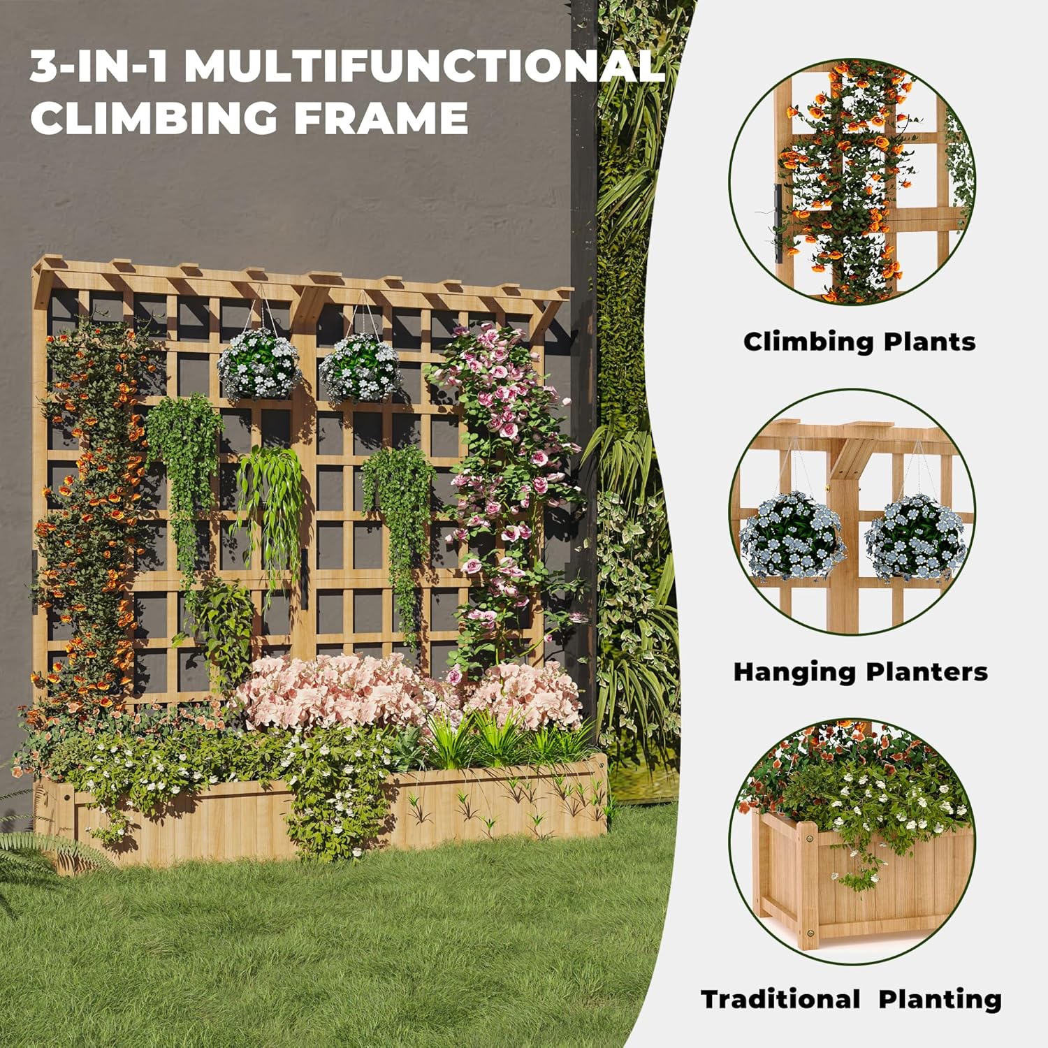 Garvee Two-Tier Wooden Planter Box with Trellis for Outdoor Gardens, Elevated Raised Bed for Flowers and Vegetables, 1.4Ft Deep Planter with Hanging Roof & Drainage Holes