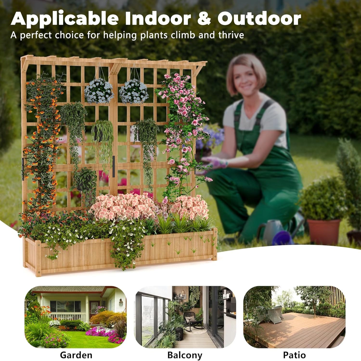 Garvee Two-Tier Wooden Planter Box with Trellis for Outdoor Gardens, Elevated Raised Bed for Flowers and Vegetables, 1.4Ft Deep Planter with Hanging Roof & Drainage Holes