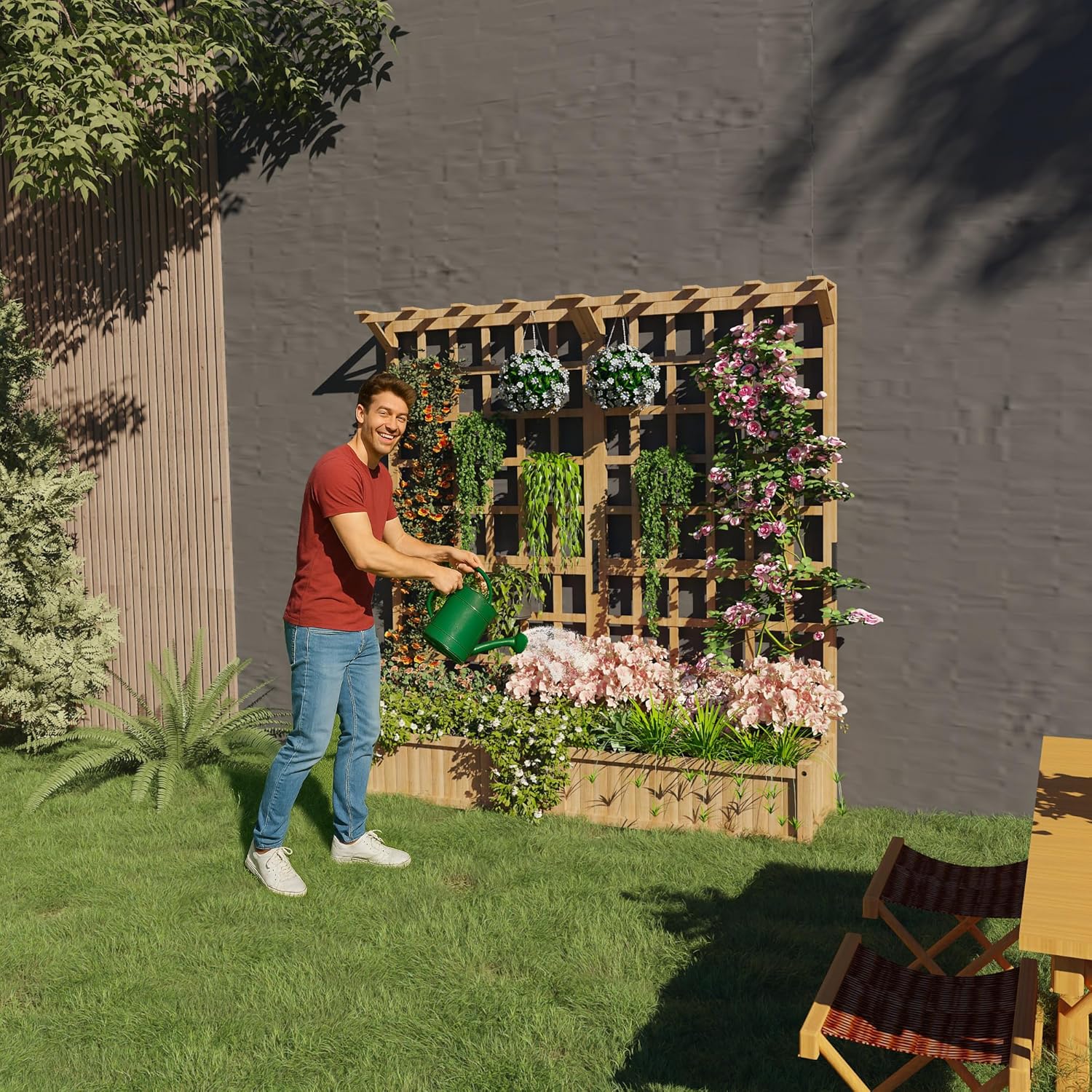 Garvee Two-Tier Wooden Planter Box with Trellis for Outdoor Gardens, Elevated Raised Bed for Flowers and Vegetables, 1.4Ft Deep Planter with Hanging Roof & Drainage Holes