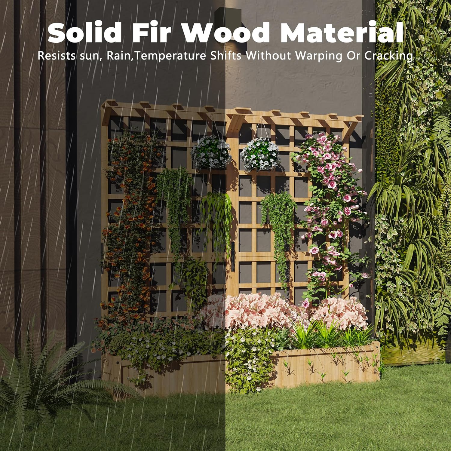 Garvee Two-Tier Wooden Planter Box with Trellis for Outdoor Gardens, Elevated Raised Bed for Flowers and Vegetables, 1.4Ft Deep Planter with Hanging Roof & Drainage Holes