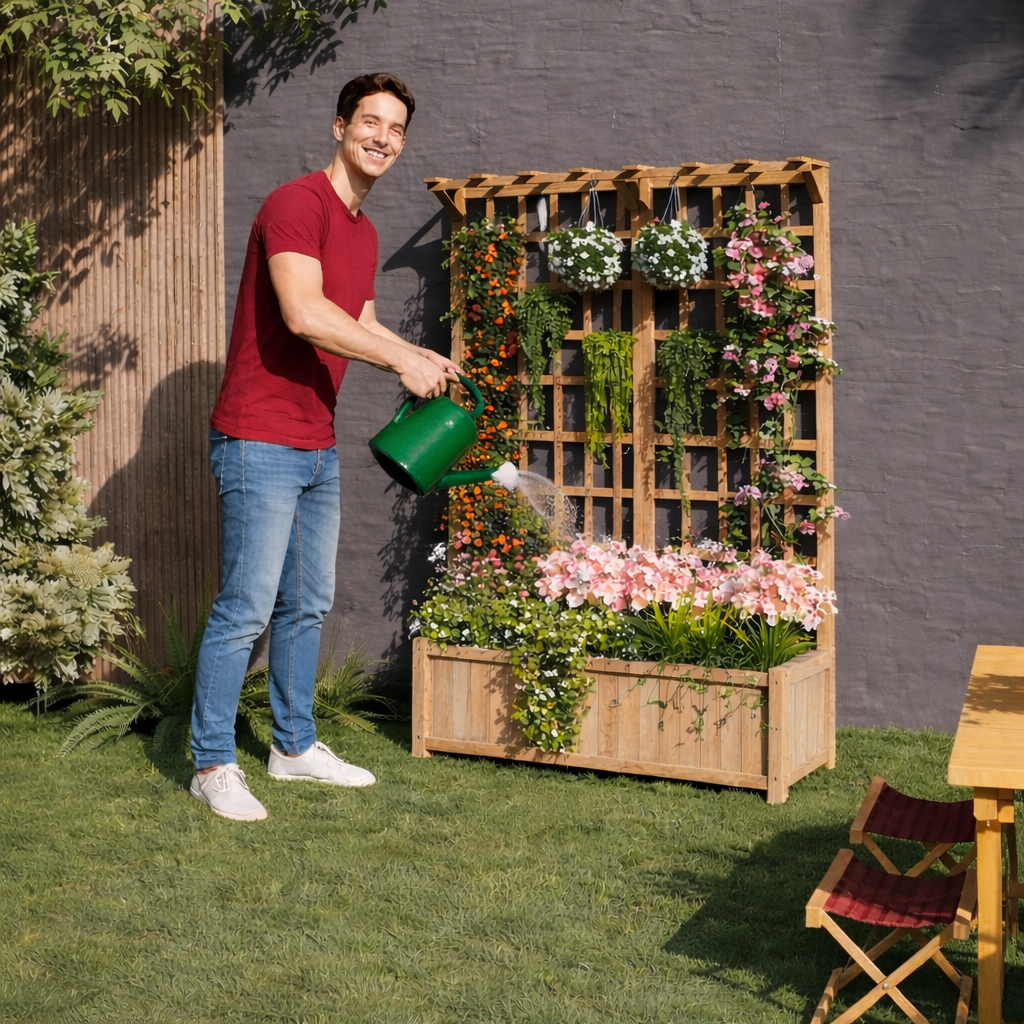 Garvee Two-Tier Wooden Planter Box with Trellis for Outdoor Gardens, Elevated Raised Bed for Flowers and Vegetables, 1.4Ft Deep Planter with Hanging Roof & Drainage Holes