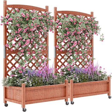 Garvee 2-Pack 29.5" × 13" × 60" Raised Garden Bed with Trellis, Wood Planter Box with Wheels & Drainage Holes