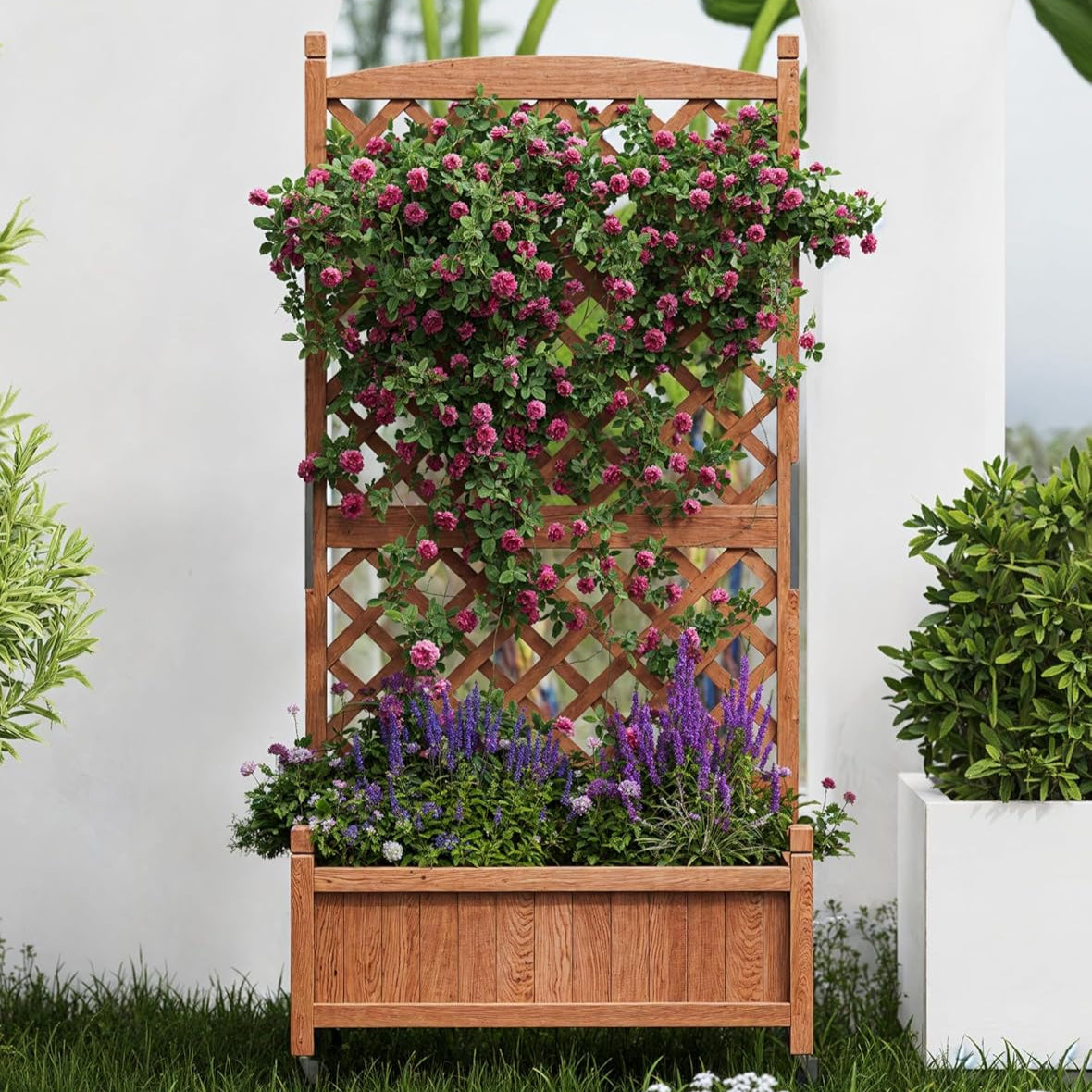 Garvee 2 PC 29.5" X 13" X 60" Wood Planter Box With Trellis For Planter & Flower, Raised Garden Bed With Wheels, Standing Vertical Horticulture Trellis Planter With Drainage Holes for Patio Garden