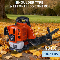 Garvee 52CC Backpack Gas Leaf Blower – 780 CFM, 270 MPH, Ergonomic, Low Vibration, Cruise Control, All-Season Yard & Snow Removal