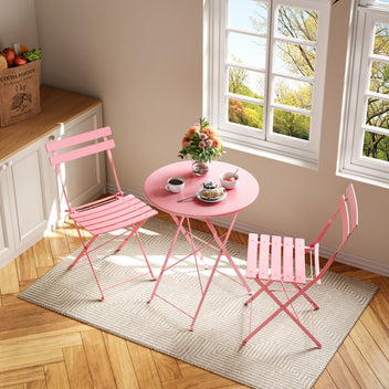 Garvee 3-Piece Folding Patio Bistro Set, Powder-Coated Metal Table and 2 Chairs for Balcony, Porch, Garden, Small Outdoor Spaces,Pink