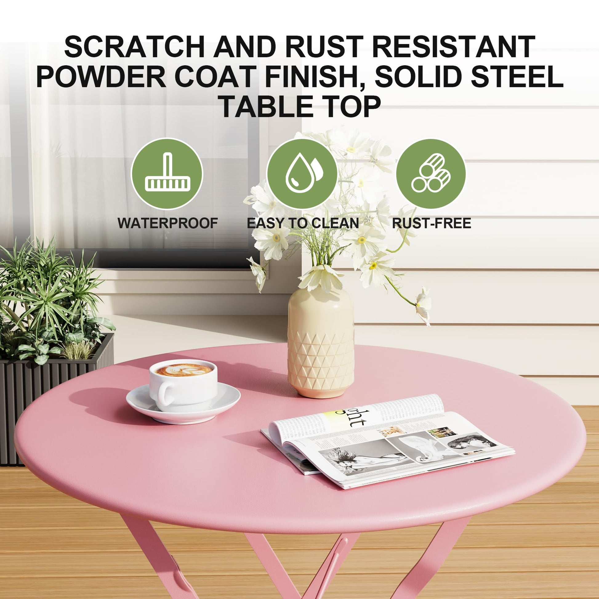 Garvee 3-Piece Folding Patio Bistro Set, Powder-Coated Metal Table and 2 Chairs for Balcony, Porch, Garden, Small Outdoor Spaces,Pink