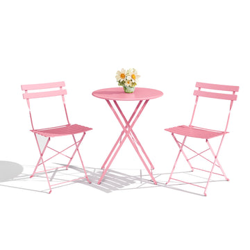 Garvee 3-Piece Folding Patio Bistro Set, Powder-Coated Metal Table and 2 Chairs for Balcony, Porch, Garden, Small Outdoor Spaces,Pink