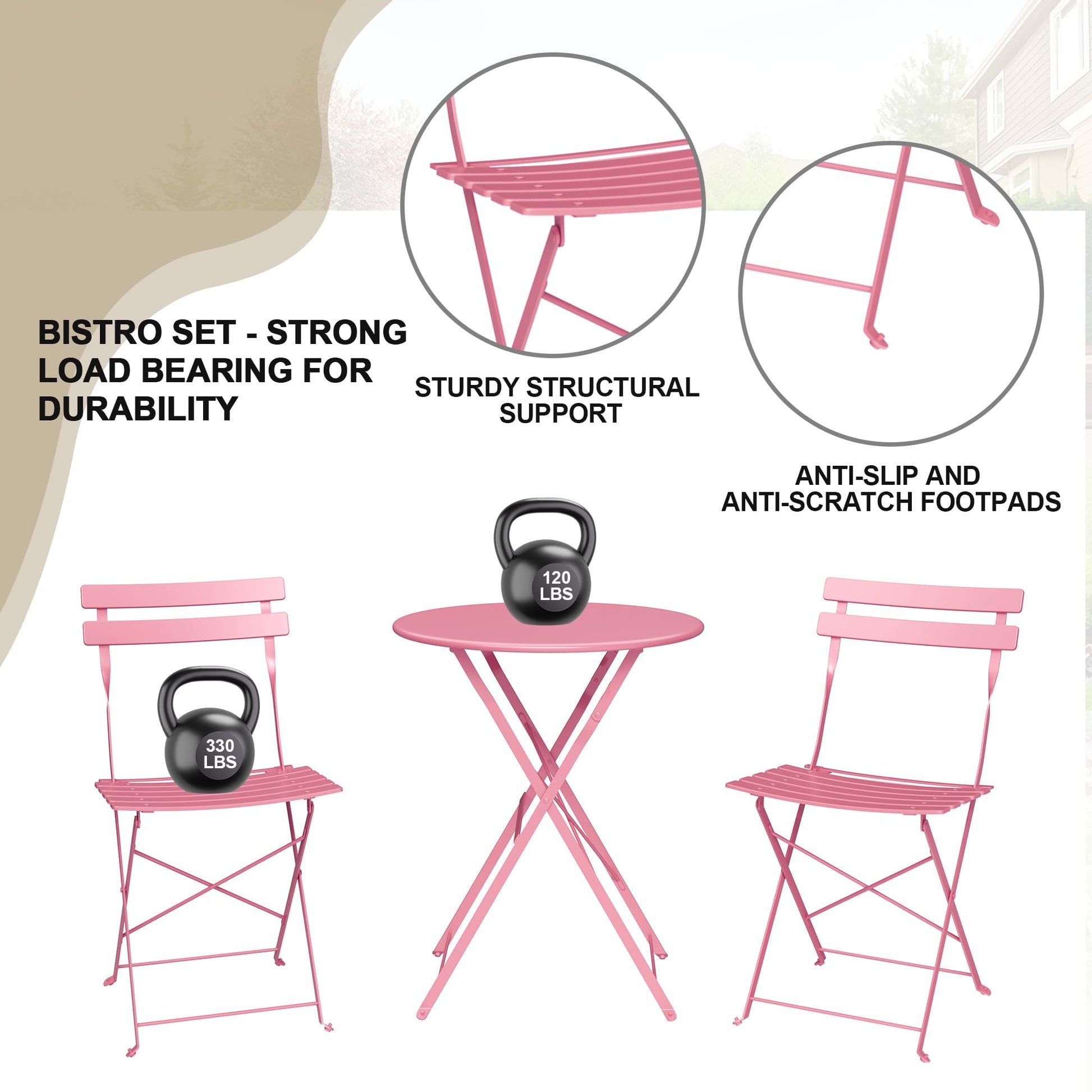 Garvee 3-Piece Folding Patio Bistro Set, Powder-Coated Metal Table and 2 Chairs for Balcony, Porch, Garden, Small Outdoor Spaces,Pink