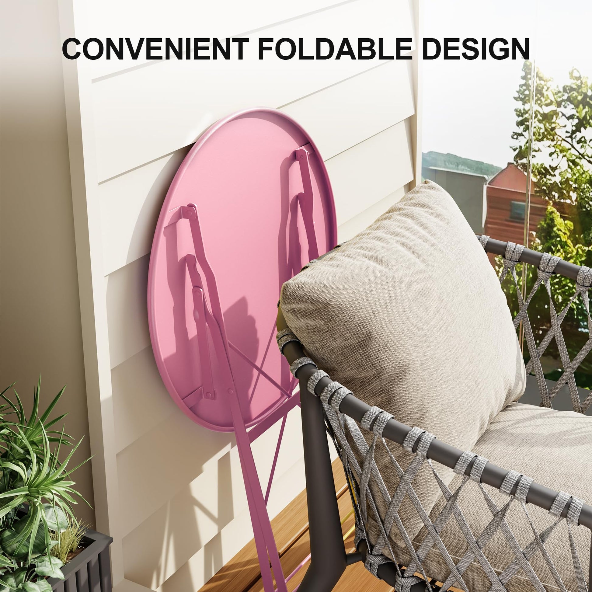 Garvee 3-Piece Folding Patio Bistro Set, Powder-Coated Metal Table and 2 Chairs for Balcony, Porch, Garden, Small Outdoor Spaces,Pink