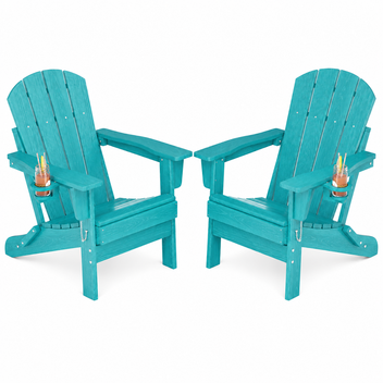 Garvee Set of 2 Folding HDPE Adirondack Chairs with Cup Holders, Wood-Grain Patio Chairs for Fire Pit, Porch & Garden, Lake Blue