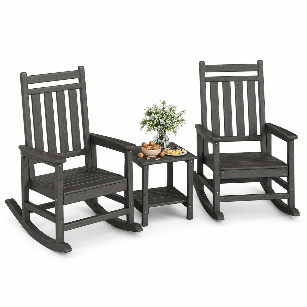 Garvee 3-Piece HDPE Patio Rocking Chair Set with Side Table, High Back Porch Rockers, Black