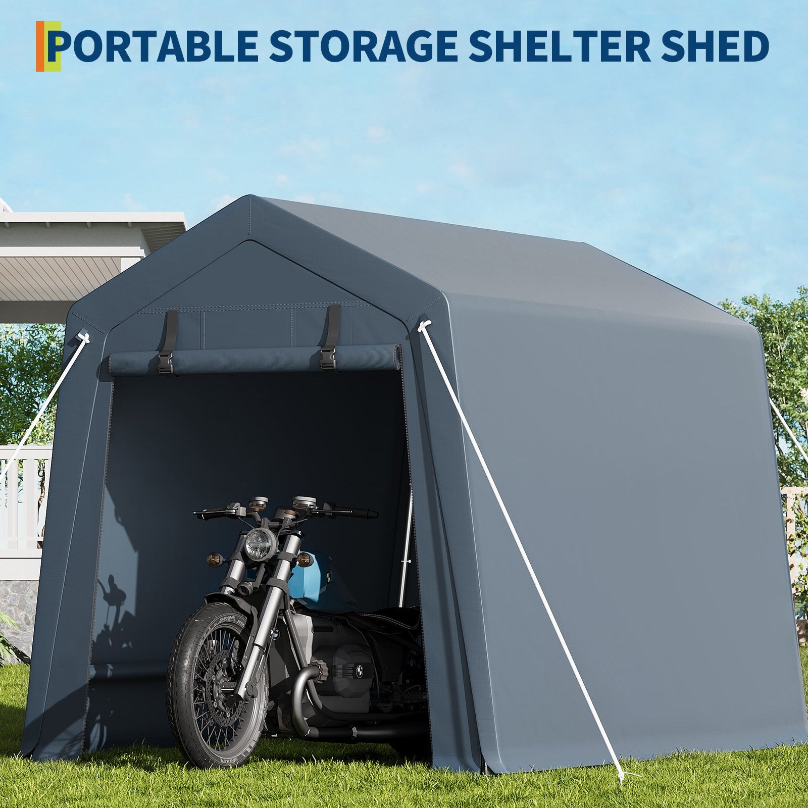 Garvee Portable Outdoor Storage Shed 6x6 FT with Dual Roll-Up Zipper Doors & Vents, 240G Heavy-Duty Waterproof PE Tarp, UV-Resistant Steel Frame, Gray, Motorcycle & Tool Shelter