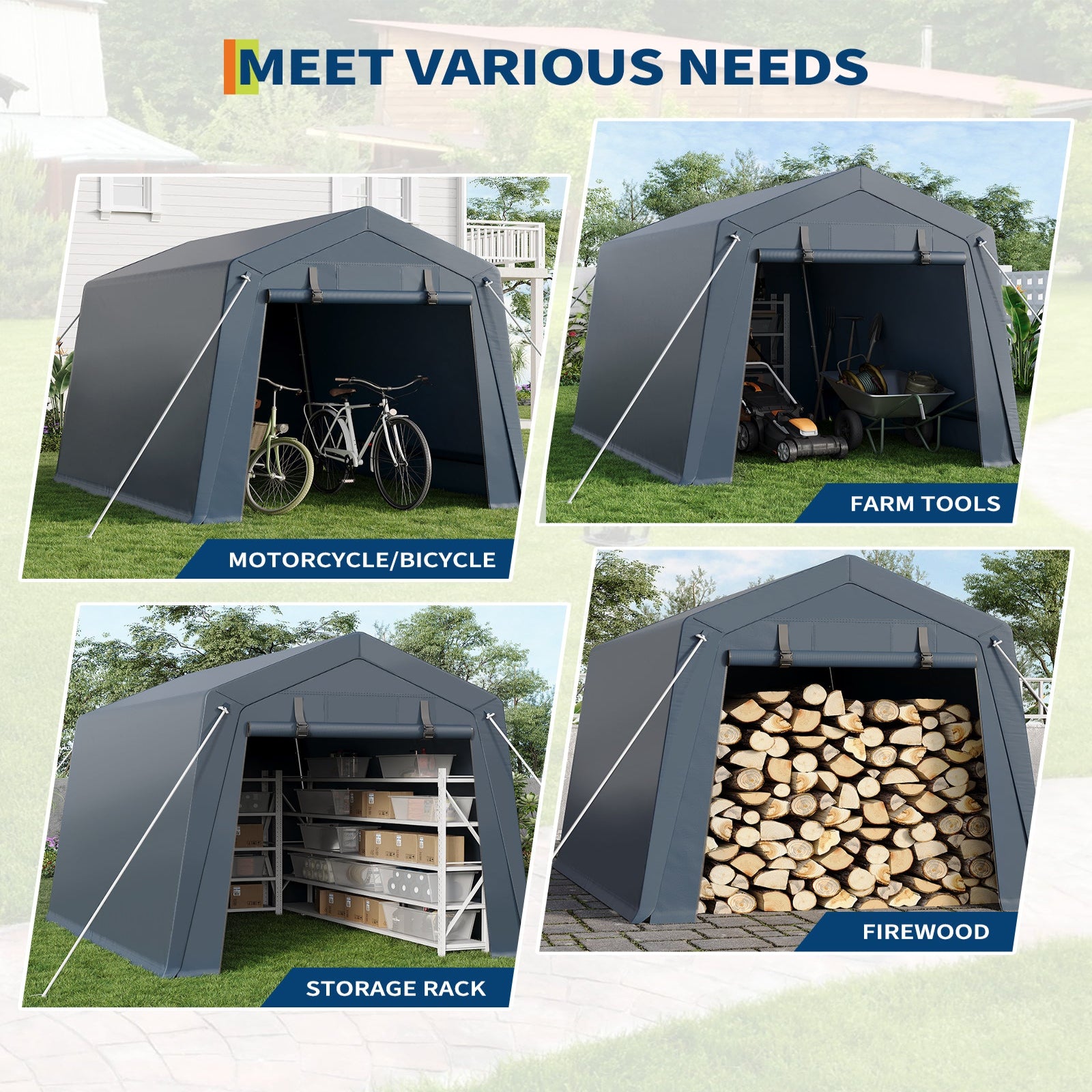 Garvee Portable Outdoor Storage Shed 6x6 FT with Dual Roll-Up Zipper Doors & Vents, 240G Heavy-Duty Waterproof PE Tarp, UV-Resistant Steel Frame, Gray, Motorcycle & Tool Shelter