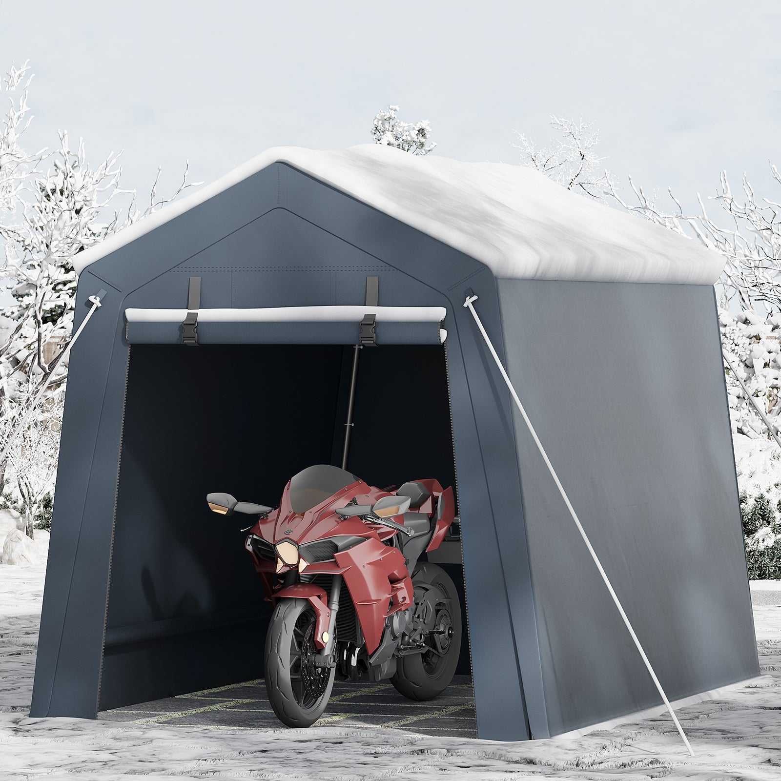 Garvee Portable Outdoor Storage Shed 6x8 FT with Dual Zipper Doors & Vents, 240G Waterproof PE Tarp, Heavy-Duty Steel Frame, UV-Resistant Gray, Carport for Motorcycle & Tools