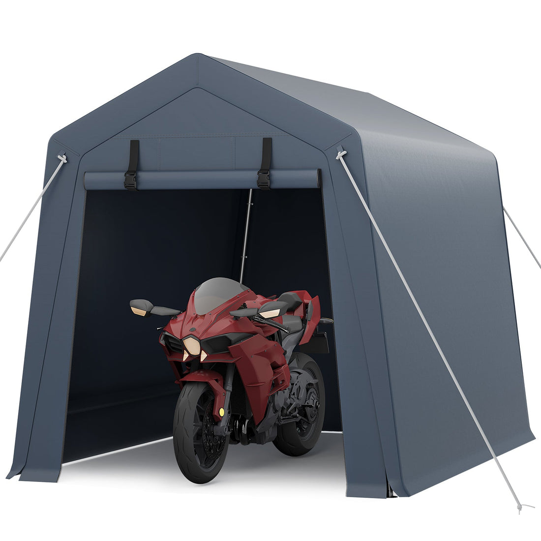 Garvee Portable Outdoor Storage Shed 6x8 FT with Dual Zipper Doors & Vents, 240G Waterproof PE Tarp, Heavy-Duty Steel Frame, UV-Resistant Gray, Carport for Motorcycle & Tools