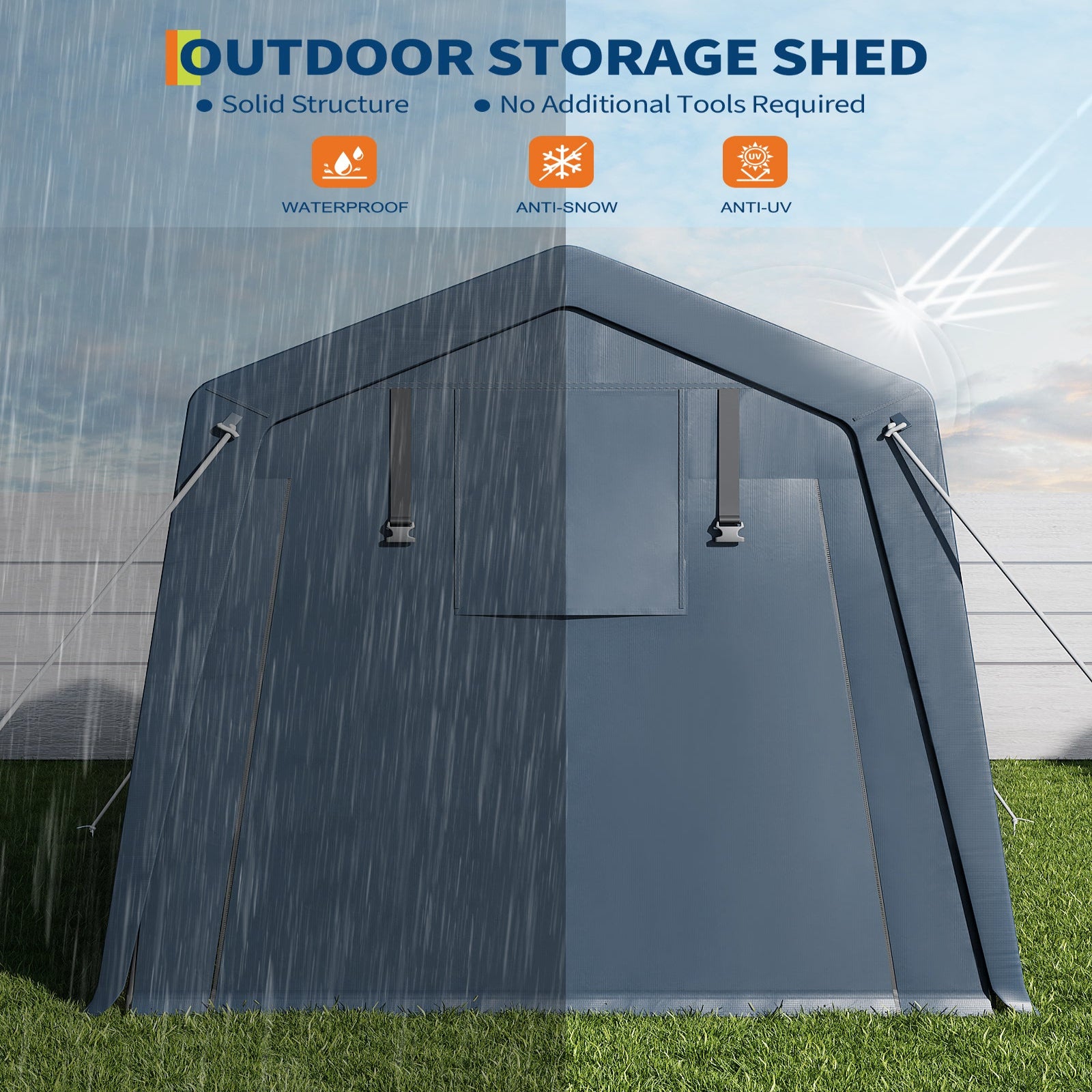 Garvee Portable Outdoor Storage Shed 6x8 FT with Dual Zipper Doors & Vents, 240G Waterproof PE Tarp, Heavy-Duty Steel Frame, UV-Resistant Gray, Carport for Motorcycle & Tools