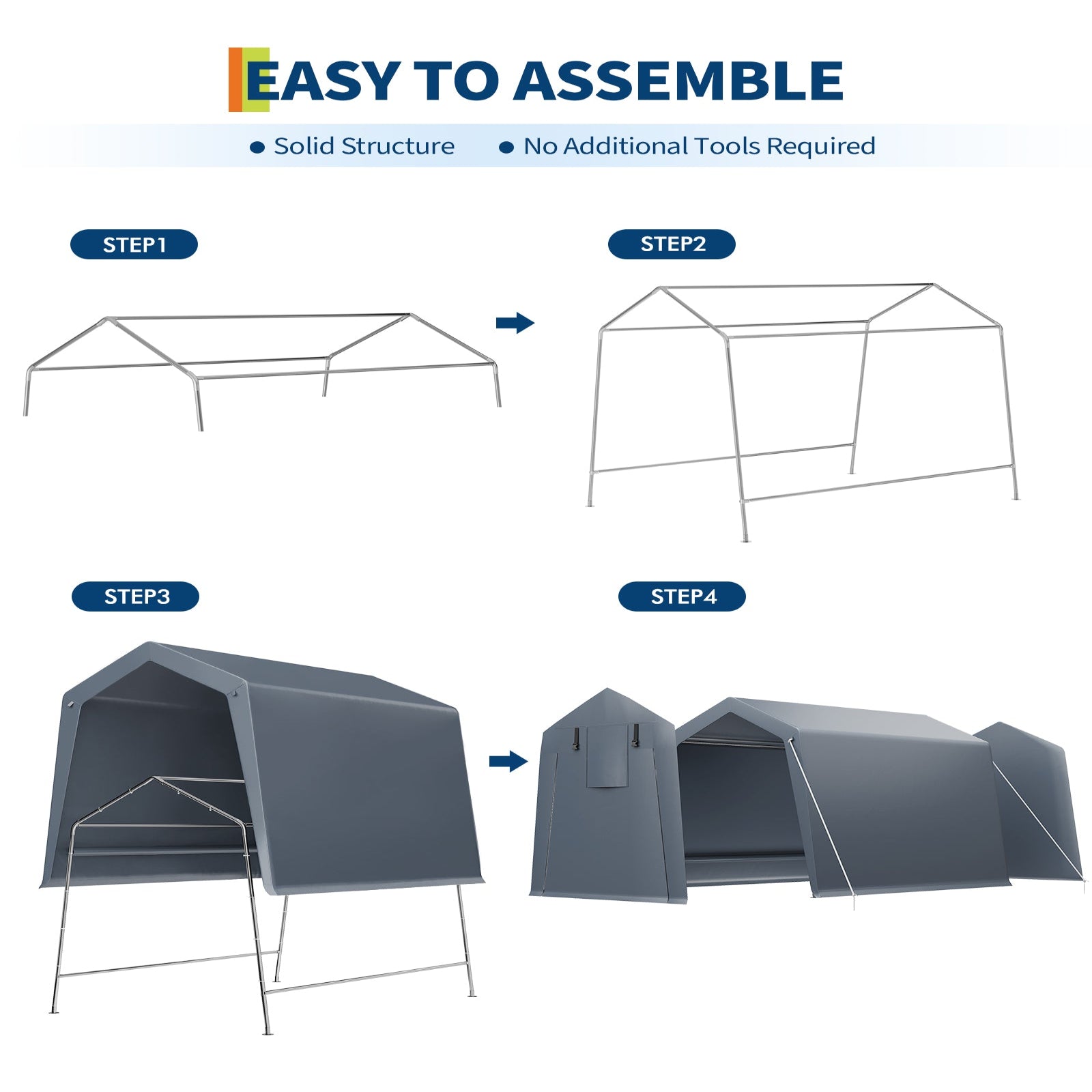 Garvee Portable Outdoor Storage Shed 6x8 FT with Dual Zipper Doors & Vents, 240G Waterproof PE Tarp, Heavy-Duty Steel Frame, UV-Resistant Gray, Carport for Motorcycle & Tools