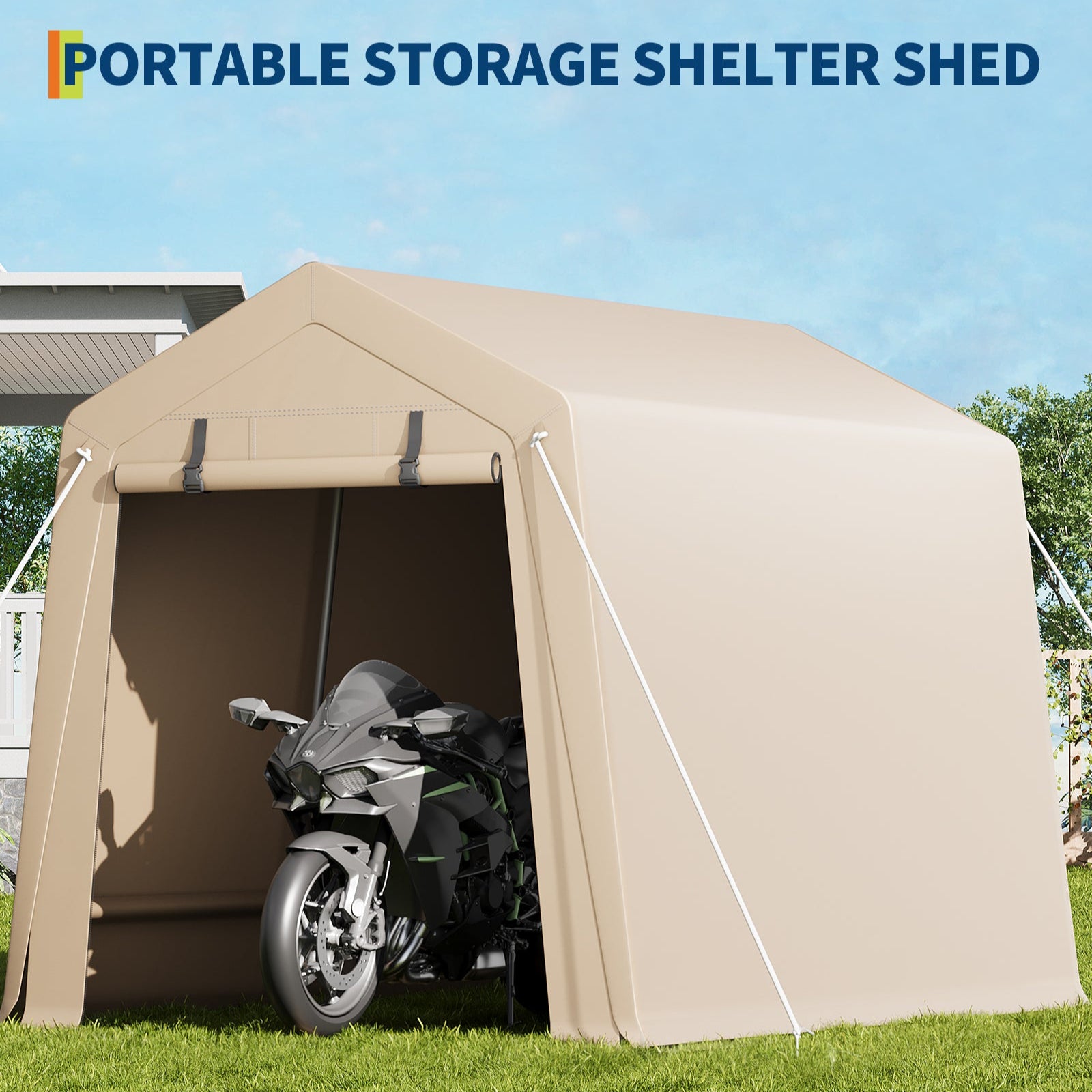 Garvee 7x10 FT Portable Outdoor Storage Shed – Dual Roll-Up Doors, Vents, Khaki Carport for Motorcycle & Tools