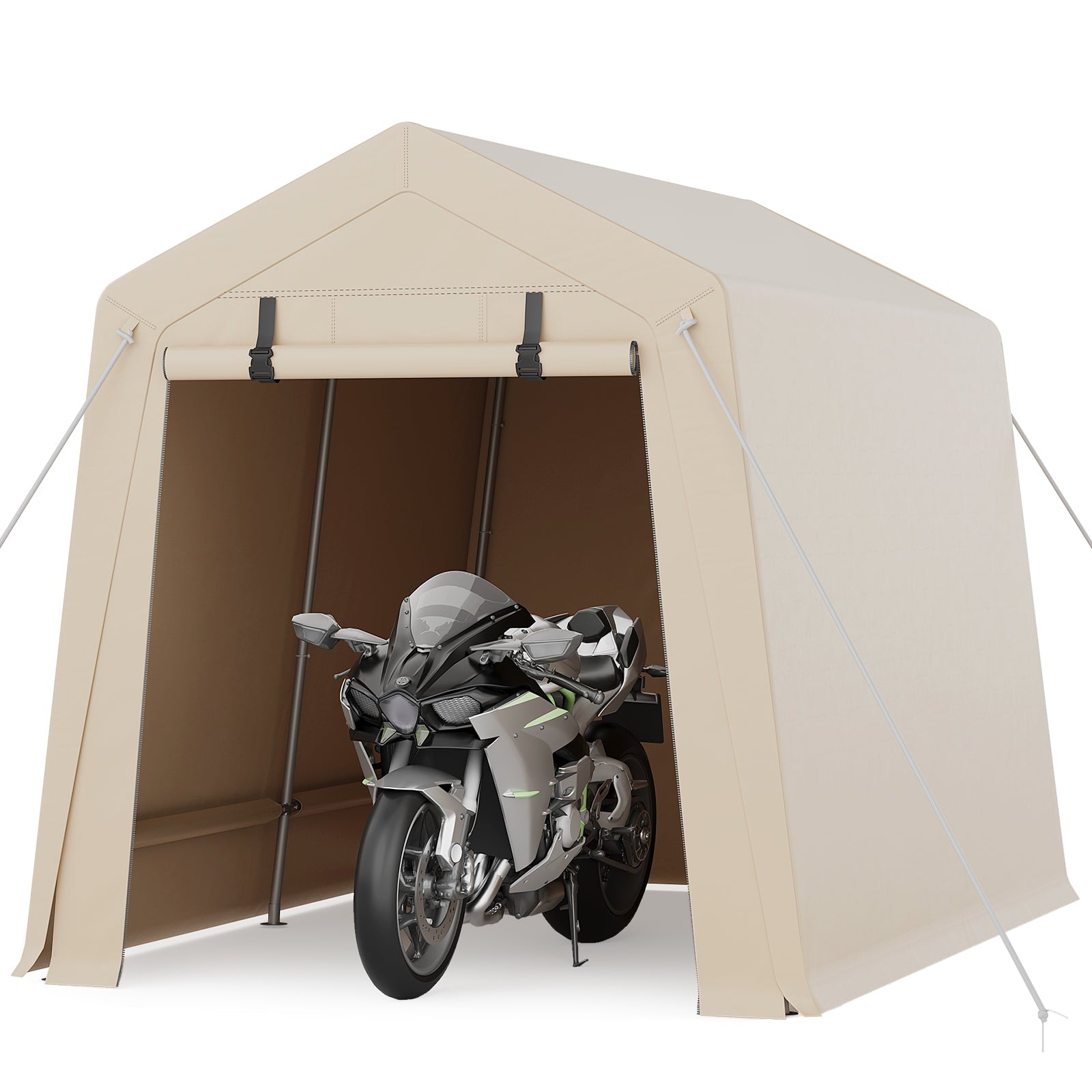 Garvee 7x10 FT Portable Outdoor Storage Shed – Dual Roll-Up Doors, Vents, Khaki Carport for Motorcycle & Tools