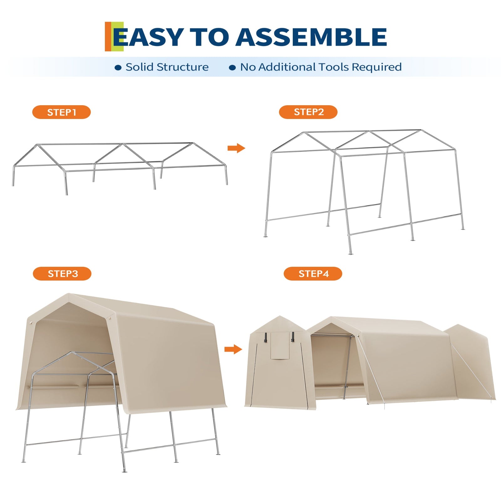 Garvee 7x10 FT Portable Outdoor Storage Shed – Dual Roll-Up Doors, Vents, Khaki Carport for Motorcycle & Tools