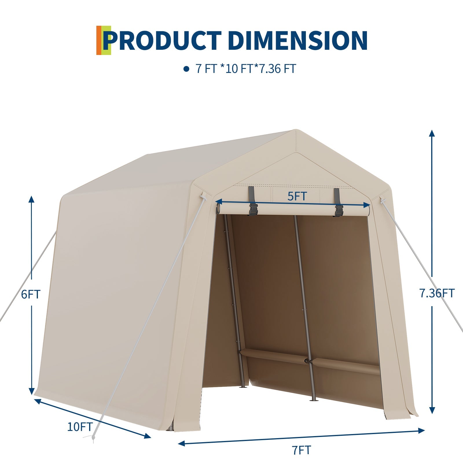 Garvee 7x10 FT Portable Outdoor Storage Shed – Dual Roll-Up Doors, Vents, Khaki Carport for Motorcycle & Tools