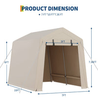 Garvee 7x10 FT Portable Outdoor Storage Shed – Dual Roll-Up Doors, Vents, Khaki Carport for Motorcycle & Tools