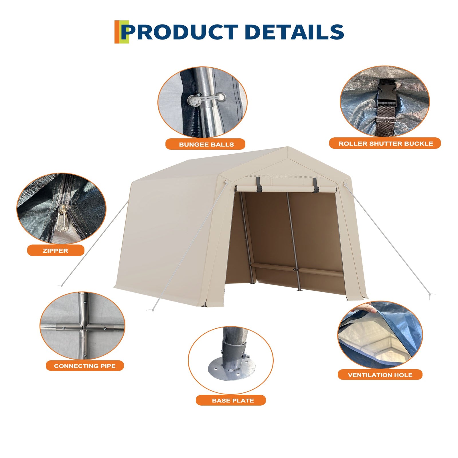 Garvee 7x10 FT Portable Outdoor Storage Shed – Dual Roll-Up Doors, Vents, Khaki Carport for Motorcycle & Tools