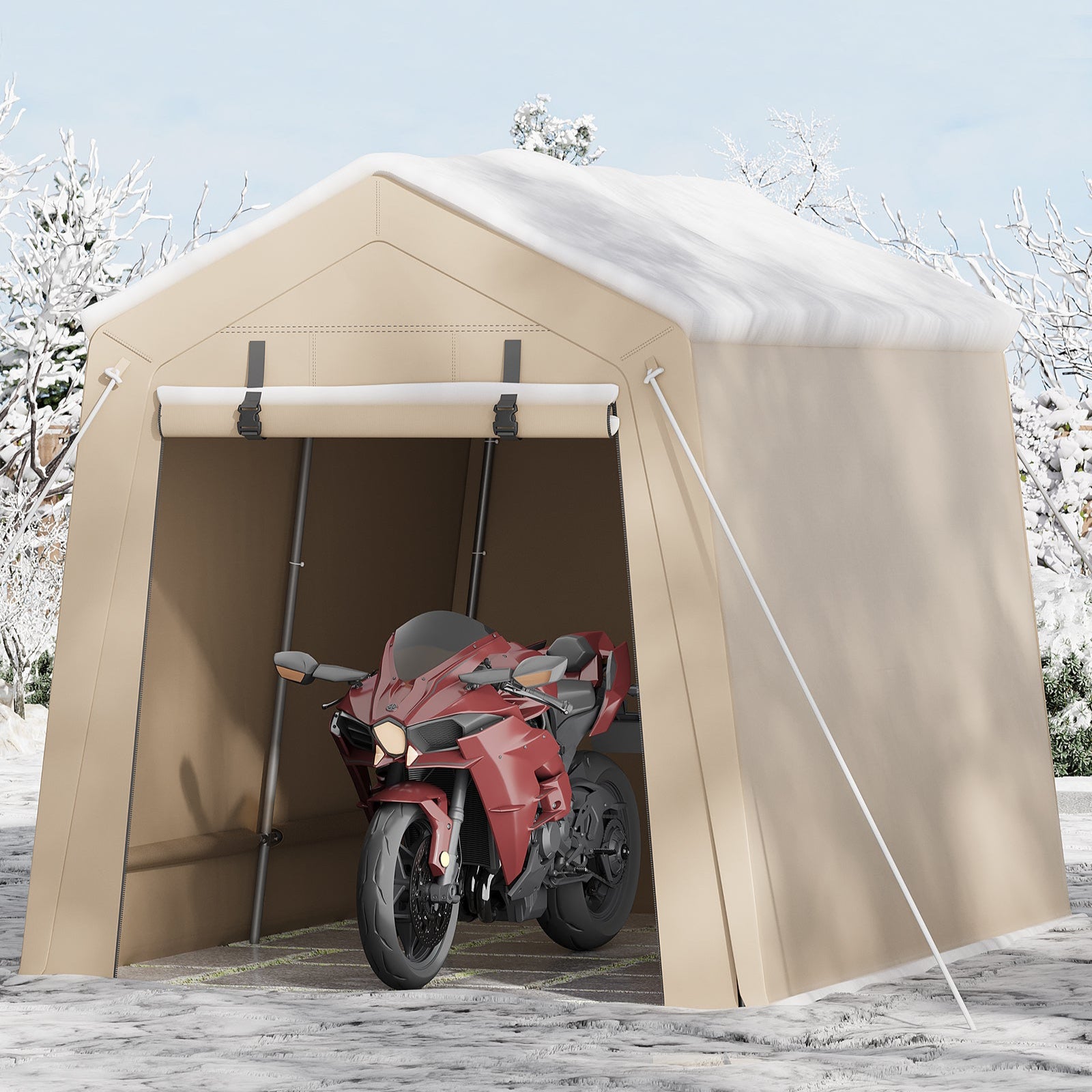 Garvee 7x10 FT Portable Outdoor Storage Shed – Dual Roll-Up Doors, Vents, Khaki Carport for Motorcycle & Tools