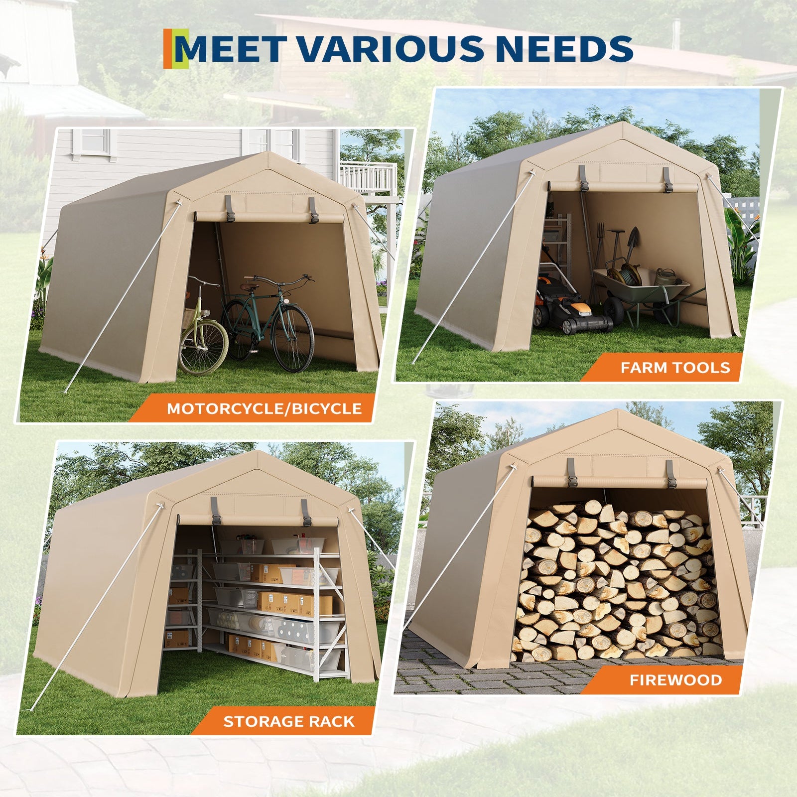 Garvee 7x10 FT Portable Outdoor Storage Shed – Dual Roll-Up Doors, Vents, Khaki Carport for Motorcycle & Tools